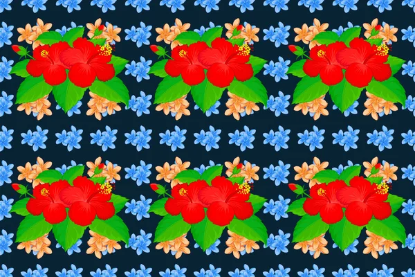 Raster Indian hibiscus flowers and green leaves pattern. Can be used for greeting business card background, backdrop, textile. Seamless ornament print on a blue background. Ethnic towel, henna style.