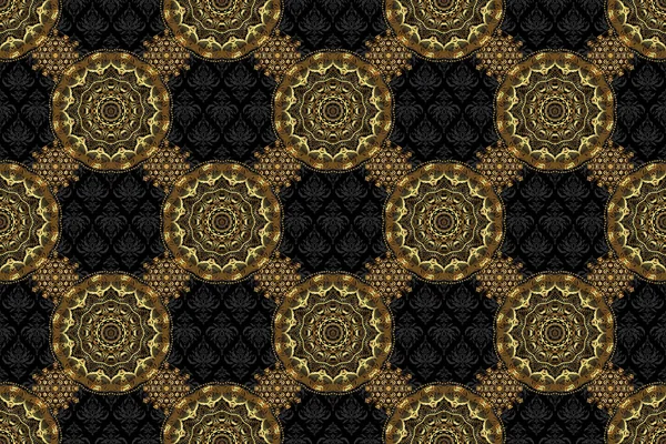 Black and golden pattern. Elegant raster classic seamless pattern. Seamless abstract ornament on black background with repeating elements.