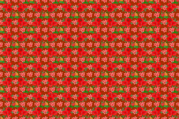 Abstract cute floral print in green, red and orange colors. Raster illustration. Bright beautiful poppy flowers seamless background.