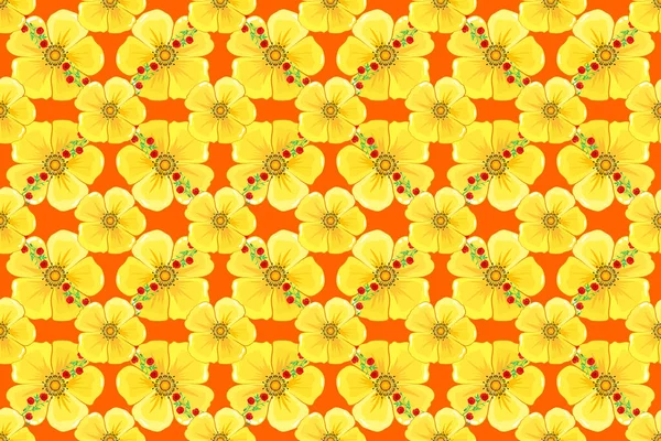 Bloemen Naadloos Patroon Met Heldere Zomerbloemen Oranje Achtergrond Eindeloze Rastertextuur — Stockfoto