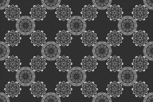 Gray and black seamless pattern good for greeting card for birthday, invitation or banner. Medieval royal pattern. Decorative symmetry arabesque. Raster illustration.