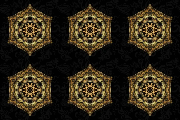 Bag design. Hand-drawn raster mandala with golden abstract pattern, isolated on a black background.