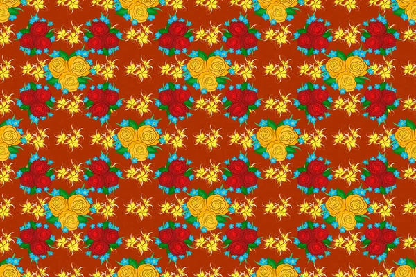 Etnische Bloemen Naadloos Patroon Gele Rode Oranje Kleuren Met Decoratieve — Stockfoto