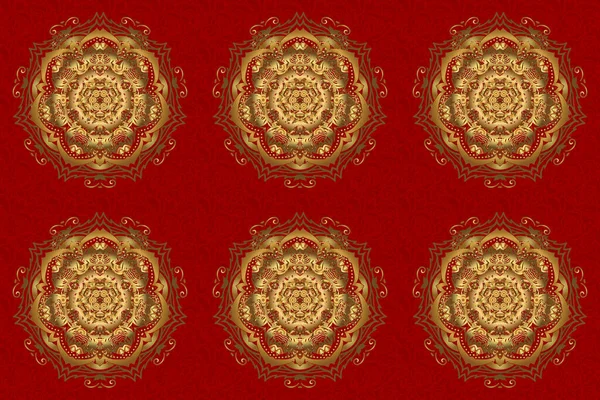 手描きラスター曼荼羅 赤の背景に黄金 インドの孔雀 インドのパターン 黄金の曼荼羅 曼荼羅孔雀 — ストック写真