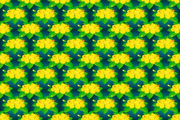 Soft watercolor hibiscus flower print - seamless pattern in blue, yellow and green colors. Raster illustration.