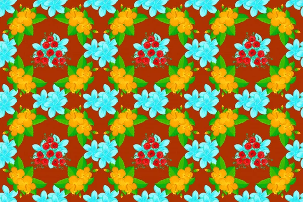 Soft Watercolor Hibiscus Flower Print Seamless Pattern Orange Blue Green — Stock Photo, Image