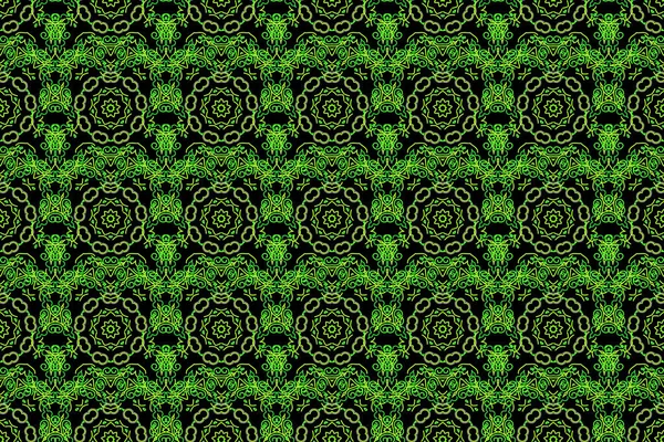 Vintage ornamental background with victorian pattern in green colors. Raster illustration. Seamless damask pattern.