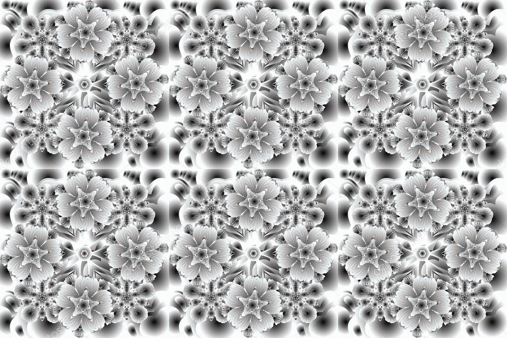 Raster illustration. Elegant Merry Christmas or Happy New Year 2021 seamless pattern with silver ornament on a black, gray and white background.