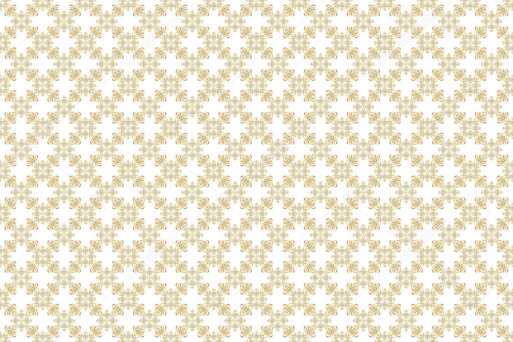 Traditional arabic decor on a white background. Raster seamless pattern with gold ornament. Vintage golden elements in Eastern style. Golden ornate illustration for wallpaper. Ornamental lace tracery.