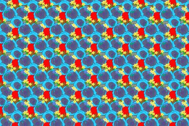 Dekoratif yaz çiçekleri ve kırmızı arka planda yeşil yapraklarla kusursuz desen, suluboya raster çizimi.