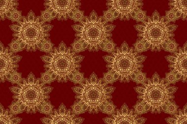 Kırmızı ve altın desenli. Zarif raster klasik kusursuz desen. Kırmızı arkaplanda tekrarlayan elementlerle kusursuz soyut süs.