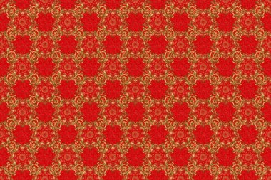 Raster illüstrasyonu. Kırmızı bir arka planda kraliyet altın pürüzsüz desen. Duvar kâğıdı, davetiye, ambalaj için lüks süs.