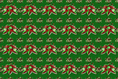 Kırmızı, yeşil ve kahverengi renklerde kusursuz desen. Raster el çizimi kırmızı, yeşil ve kahverengi amber çiçekleri.