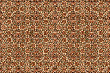 Tarz sahibi yıldızlar, kar taneleri ve ızgaralar. Etnik Hint folkloru. Bej, kahverengi ve turuncu süslemeli, geometrik Fas dikişsiz desenli, soyut, pürüzsüz yama arkaplanı.