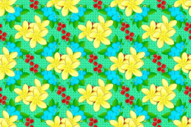 Geçmişi, tekstili, ambalaj kağıtları, tebrik kartları için. Raster illüstrasyonu. Yeşil arka planda sulu boya buketi ve soyut plumeria çiçekleri olan romantik, pürüzsüz bir desen..