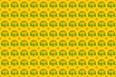 Raster hibiscus çiçek desenleri tekrarlanıyor. Yeşil, turuncu ve sarı renklerde modern, renksiz çiçek deseni. Çiçek izi.