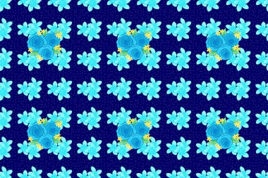 Dekorasyon ve tasarım için güzel, pürüzsüz bir desen. Eski tarz gül çiçekleri olan zarif bir desen. Mavi arka planda suluboya gül çiçekleri ve yeşil yapraklı moda baskısı