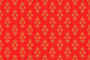 Raster altın pürüzsüz desen. Kırmızı arka planda klasik altın süslemeleri olan kusursuz çiçek kenarı..