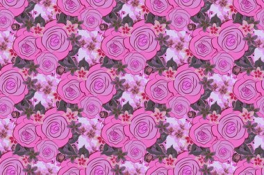 Raster illüstrasyonu. Çok renkli gül çiçeklerinin çiçek desenleri. Dikensiz gül çiçekli kumaş deseni. Çiçeksiz desen pembe, kırmızı ve gri renklerde.