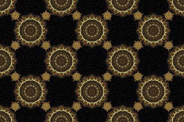 Soyut çiçekleri ve siyah arkaplanda yıldızları olan pürüzsüz bir şebeke. Yatak örtüsü, ceket, paket tasarımı, kumaş ve moda kavramları için doğu tekstil baskısı.