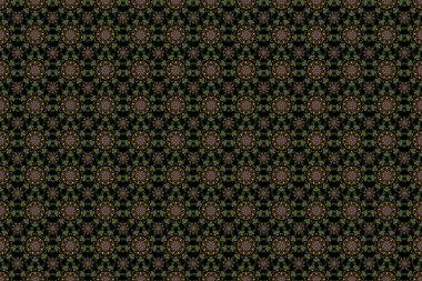 Güzel turuncu, kırmızı ve yeşil el yapımı, dikişsiz raster çizimi. Çiçek ve Mandala elementleriyle kusursuz bir desen..