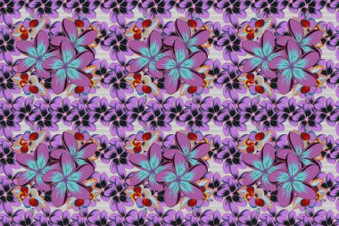 Web sayfaları, düğün davetiyeleri, tekstil, duvar kağıtları için romantik bir geçmiş. Suluboya çiçekleri mavi, mor ve mor renklerde pürüzsüz desen.