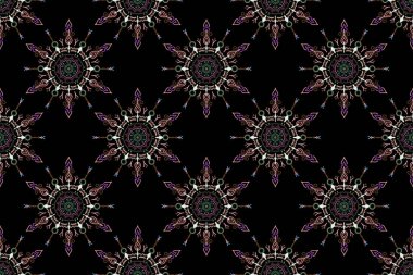Sorunlu damasküler desensiz arka plan fayansları. Siyah bir arkaplanda bej, kahverengi ve nötr renklerde raster pürüzsüz süs..