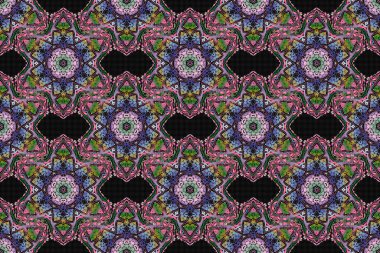 Raster illüstrasyonu. Siyah zemin üzerinde bstrakt geometrik modern elementlerle kusursuz desen. Puantiye, konfeti. Parlak yeşil ve pembe arka plan. Art deco biçimi.