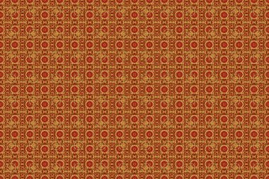 Soyut raster dinamiği dalgalanan yüzey, hareket yanılsaması, kırmızı arkaplanda eğrilik. Parmak izi veya dijital için altın pürüzsüz desen.