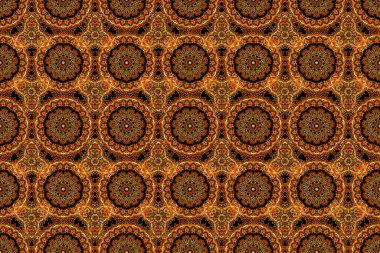 Kusursuz damaske deseni. Raster illüstrasyonu. Turuncu, kahverengi ve sarı renkli Victoria dönemi arkaplanı..