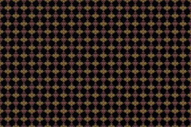 Siyah ve yeşil, pembe ve turuncu süslemeli, geometrik Fas dikişsiz desenli soyut dikişsiz yama arkaplanı. Etnik Hint folkloru. Şekil verilmiş yıldızlar, kar taneleri ve ızgaralar.