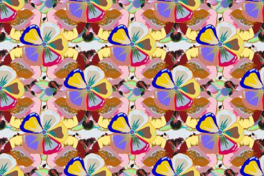 Raster illüstrasyonu. Sarı ve mavi renklerde, karışık çiçeklerle kusursuz çiçek deseni..