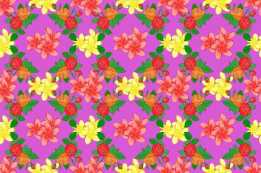 Tebrik kartı arkaplanı, arkaplan, tekstil için kullanılabilir. Menekşe arkaplanda kusursuz bir süs izi. Raster kızılderili çiçekleri ve yeşil yapraklar. Etnik havlu, kına tarzı..