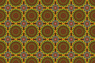 Raster illüstrasyonu. Damask, turuncu, sarı ve yeşil renklerle renksiz çiçek arkaplan deseni.