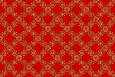 Harika danteller, stilize çiçekler, şal desenleri. Kırmızı bir arkaplanda doğu tarzı arabesk. Narin, altın arkaplan dokuma işi. Kusursuz altın desenli bukleler..