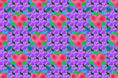 Dekoratif yaz çiçekleri ve yeşil arka planda yeşil yapraklarla kusursuz desen, suluboya raster çizimi.