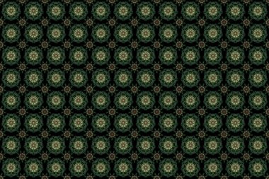 Damask, bej ve yeşil renklerde çiçeksiz arkaplan deseni. Raster illüstrasyonu.