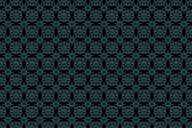 Raster illüstrasyonu. Ikat damaske desensiz arkaplan fayansı. Siyah bir arkaplanda mavi renklerle.