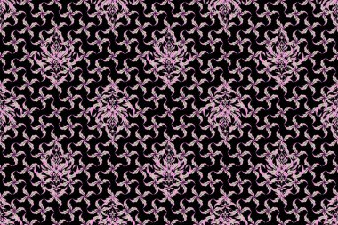 Klasik pembe dikişsiz desen, soyut süs brokar kumaş deseni, siyah arka planda karışık şekilli elementler..