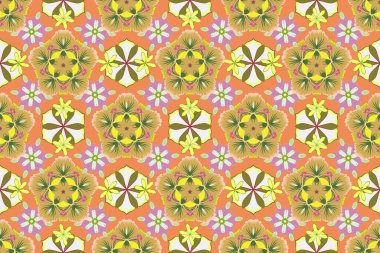 Sevimli el çizimi çiçek unsurları olan soyut, dikişsiz raster deseni. Sonbahar renkleri. 1950-1960 motifleri. Retro tekstil koleksiyonu. Turuncu, yeşil ve sarı çiçekli ipek eşarp.