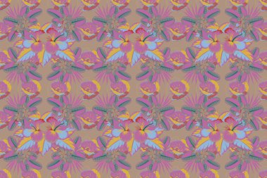 Tropikal bitkiler ve pembe, mor ve gri amber çiçekleri ile yaz Hawaii 'de pürüzsüz desen. Kusursuz Raster illüstrasyonu.