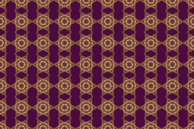 Etnik Hint folkloru. Soyut, pürüzsüz arkaplan, mor ve altın süslemeler, geometrik Fas desenli, dikişsiz desen. Şekillendirilmiş altın yıldızlar, kar taneleri ve ızgaralar.