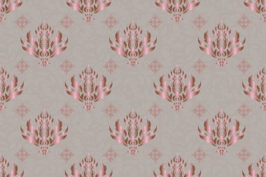 Raster dikişsiz damaske deseni, klasik duvar kağıdı, arka plan. Gri ve kahverengi renklerde süslü konuşmalar..