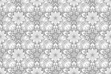 Geleneksel Hint çiçekleri siyah ve beyaz renklerde. Raster illüstrasyonu.