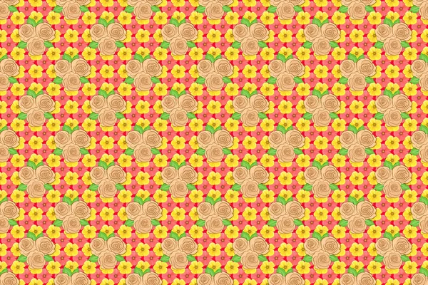 Seamless Pattern Decorative Summer Rose Flowers Green Leaves Red Background — Stock Photo, Image