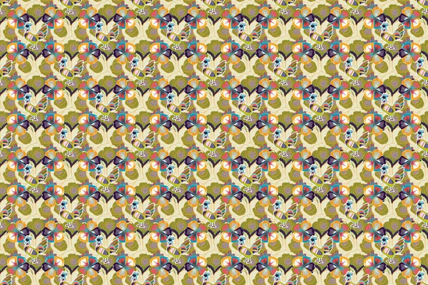 Repeating raster cosmos flowers pattern. Floral print. Modern motley floral seamless pattern in yellow, gray and blue colors.