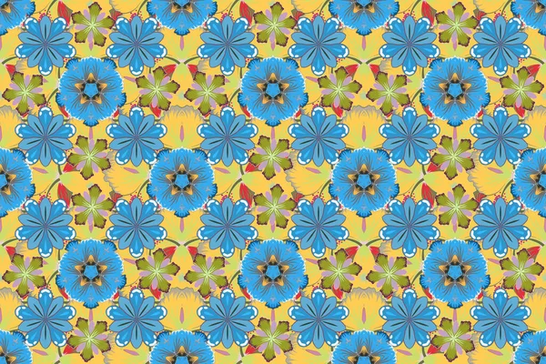 Floral wallpaper in yellow, blue and green colors. Decorative ornament for fabric, textile, wrapping paper. Raster striped seamless pattern with paisley. Traditional oriental seamless paisley pattern.