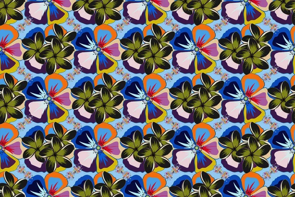 Abstract Elegance Raster Seamless Pattern Plumeria Flowers Blue Orange Gray — Stock Photo, Image