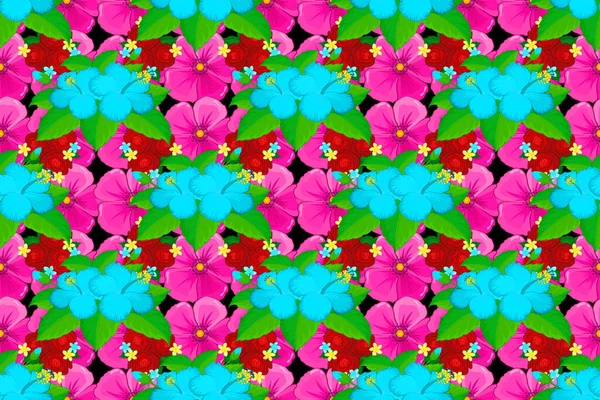 Nahtloses Muster Abstrater Hibiskusblüten Auf Schwarzem Hintergrund Vintage Stil Illustration — Stockfoto