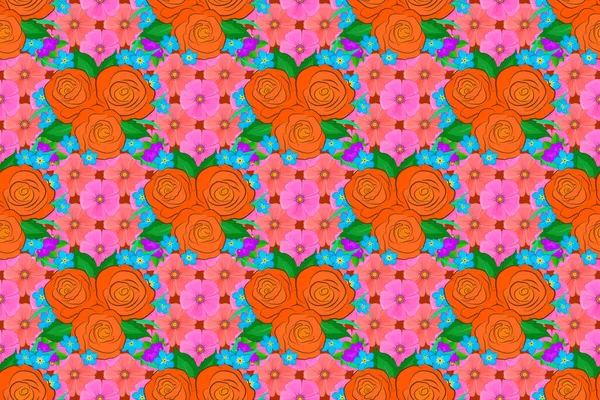 ピンク オレンジ 緑の色でバラの花や緑の葉の水彩花束とロマンチックなシームレスパターン 包装紙 グリーティングカードのために ラスターデザイン — ストック写真